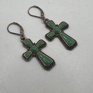 MJ‎ Cross Pierced Earrings Green Enamel Silver Tone Signed Drop Dangle